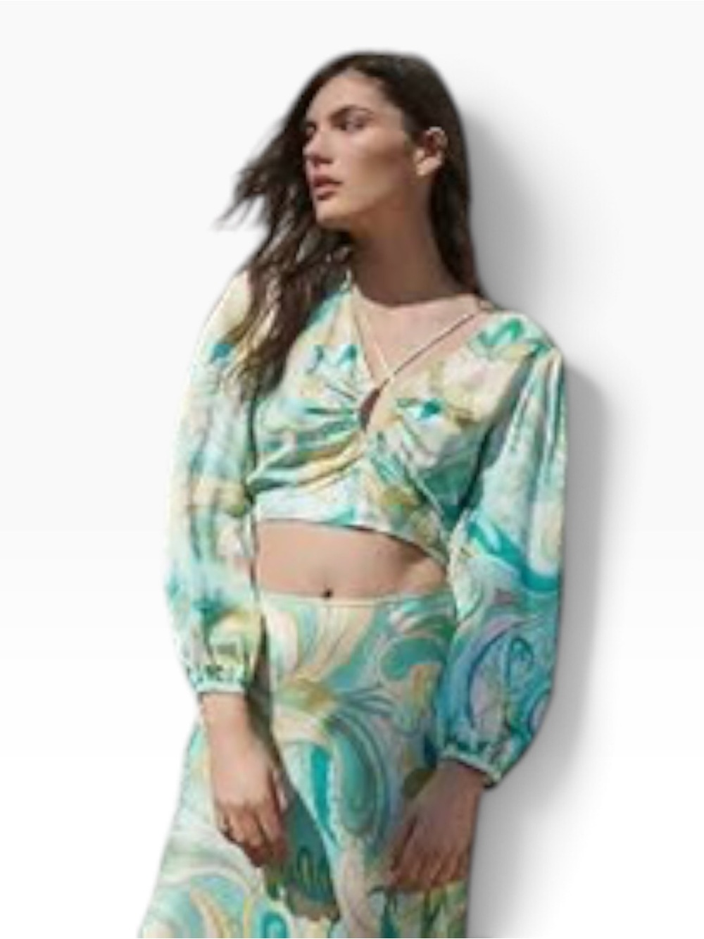 Zara Paisley V-Neck Long Sleeve Top in Aqua, Mint & Cream